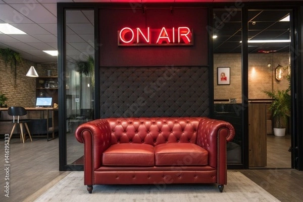 Obraz Background of a room with a red leather sofa with a neon sign that says “On Air” above it - generated by ai