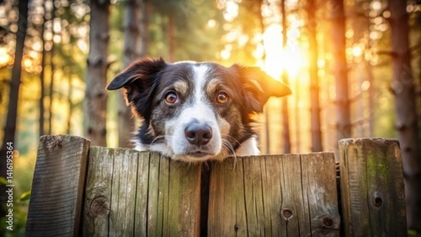 Obraz A curious canine companion peers over a rustic wooden fence, bathed in the golden glow of a tranquil sunset in a wooded area