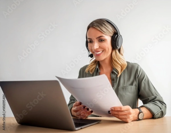 Fototapeta A smiling female Voice Over Artist reading a script while monitoring audio levels on a laptop. Solid white background