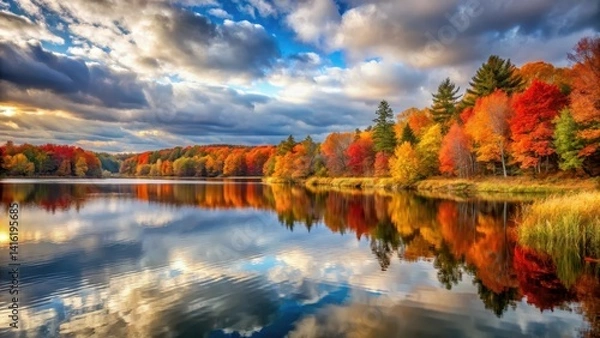 Obraz Autumnal Serenity A Picturesque Lake Reflecting Vibrant Fall Foliage Under a Dramatic Sky