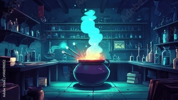Fototapeta Mystical Alchemy: A mesmerizing digital illustration depicting an enchanting potion brewing in a cauldron. The iridescent blue vapors rising from the cauldron create an aura of magic and mystery.
