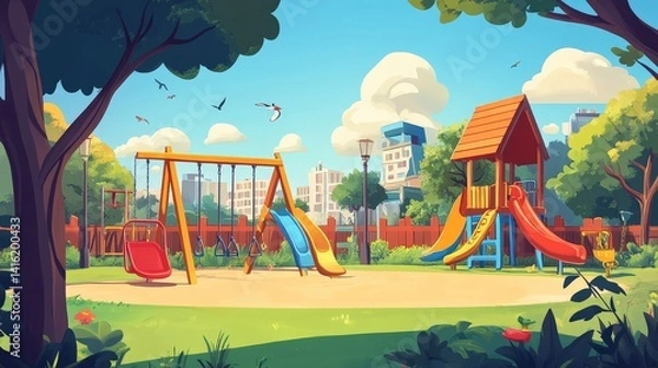 Fototapeta Playground Paradise: An enchanting illustration of a cheerful playground under a bright blue sky, offering a vibrant haven for children's play and recreation.
