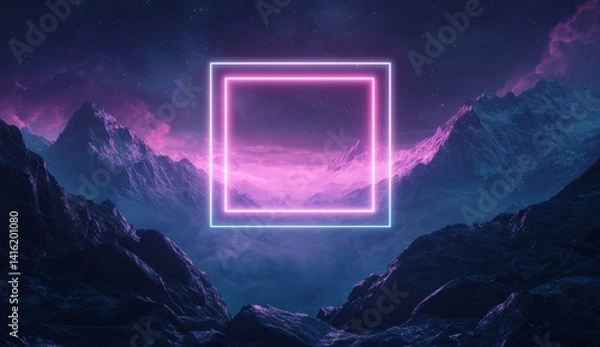 Fototapeta Pink neon square frame over a mystical mountain range at night.