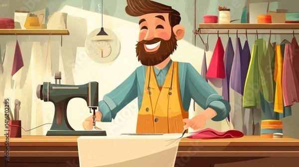 Fototapeta Artisan's Craft and Joy: A smiling artisan, a master of needle and thread, creates a world of fabric and style. His eyes sparkle with passion as he works on his craft in his workshop. 