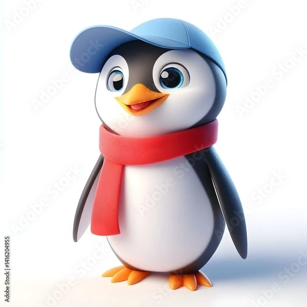 Obraz 3D cute animation of a penguin on white background