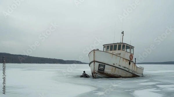 Obraz Frozen boat on overcast lake: abandoned fishing vessel in winter landscape icebound ship on a cold remote shoreline with a cloudy sky