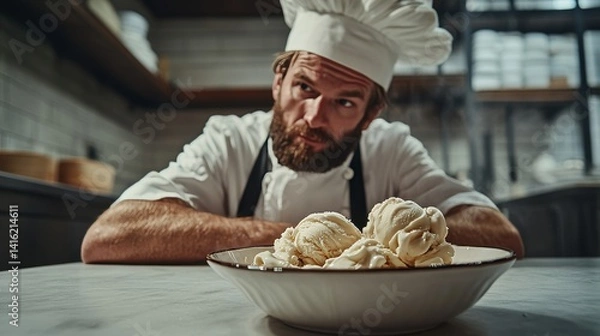 Fototapeta Chef rejects tempting ice cream dessert culinary professional choosing health over indulgence demonstrating willpower in a kitchen environment with creamy scoops