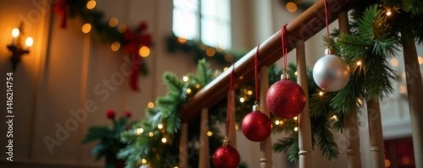 Fototapeta Garlands of festive Christmas ornaments hanging from a staircase rail ,  home decor,  christmas tree alternatives,  holiday decor