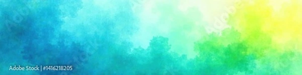 Fototapeta Gradient blue watercolor background with splashes of green and yellow, background, floral, gradient