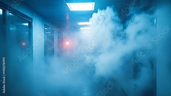 Fototapeta Smoky office corridor with flashing emergency lights: fire safety hazard concept thick grey smoke fills the hallway creating danger and concern 
