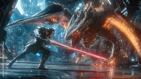 Fototapeta Epic fantasy battle: Knight with energy blade confronting a fierce dragon