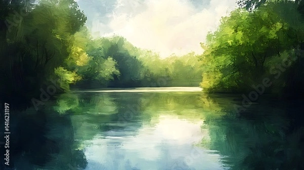 Fototapeta A serene waterway reflects the lush surrounding trees, painted with a soft, impressionistic style.