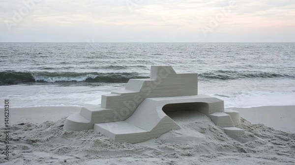 Fototapeta Geometric sandcastle art: abstract beach architecture with clean design soft lighting and serene ocean background summer fun on the coast 