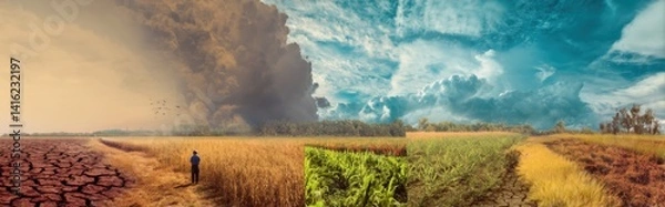 Obraz Juxtaposition collage of climate change effects on agriculture: drought, flood, healthy crops, farmers adapting with tech, blended sky, copy space