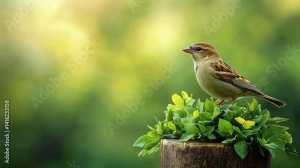 Obraz House Sparrow Perched on Lush Green Foliage Springtime Nature Photography