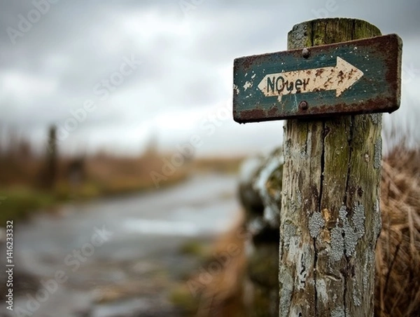 Obraz Rustic Weathered Wooden Signpost Pointing to N Cuet on a Rural Path