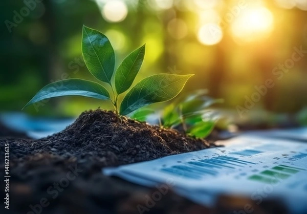 Obraz Young Plant Sprout Growing in Soil with Financial Charts Representing Growth and Investment in