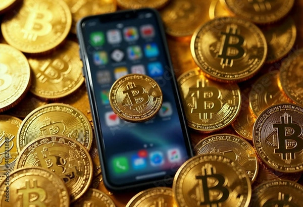 Fototapeta smartphone displayed prominently surrounded gold coin