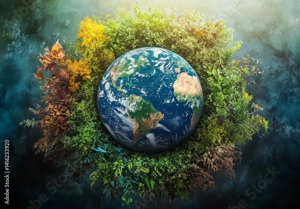 Obraz Vibrant Earth Globe Surrounded by Lush Green Foliage Spring Summer Autumn Winter