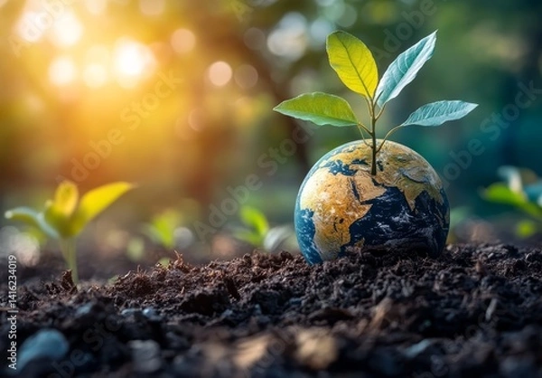 Obraz Growing Green Planet Sapling Sprouting from Earth Globe in Soil Environmental Conservation Concept