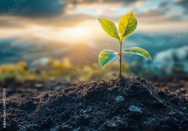 Obraz Young Sprout Emerging from Soil at Sunrise New Growth Nature Photography
