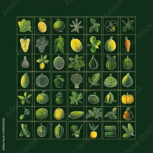 Fototapeta Botanical Illustrations of Colorful Fruits and Vegetables on Green Background