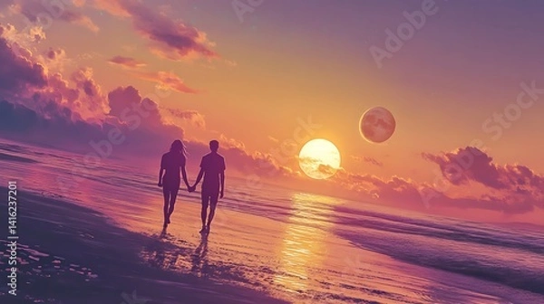 Fototapeta A couple holds hands, walking along a dreamy beach during a vibrant sunset with two celestial orbs illuminating the sky. Peaceful romance.