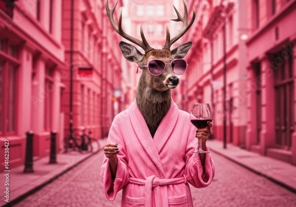 Obraz A stylish deer in a pink robe and sunglasses holding a glass of wine, strolling through a vibrant pink city street
