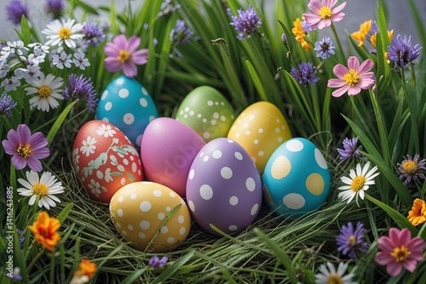 Fototapeta Vibrant Easter Eggs Surrounded by Fresh Grass and Fragrant Spring Flowers