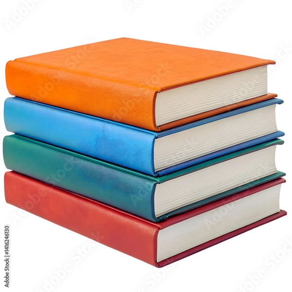 Fototapeta Stack of colorful books in orange, blue, green, and red, isolated on a white background.