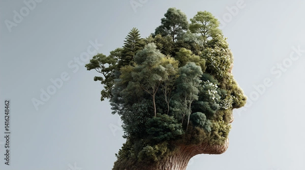 Obraz Eco Mind: An artistic depiction of a human head merging seamlessly with a vibrant forest, illustrating the profound connection between nature and human consciousness.