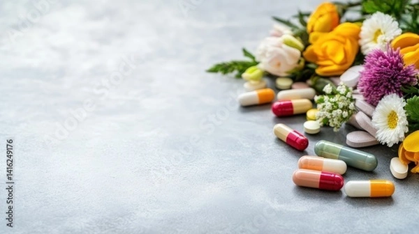 Fototapeta A vibrant bouquet of yellow and white flowers with colorful pills and capsules on gray surface symbolizing the harmony of nature and health remedies