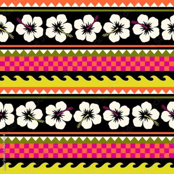 Obraz Hibiscus and wave with stripes seamless pattern design for summer holidays background.
