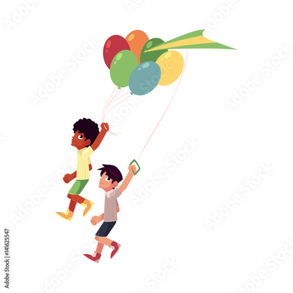 Fototapeta Two boys, black African and Caucasian, running together with balloons and kite, cartoon vector illustration isolated on white background. Black African and Caucasian boys, friends running together