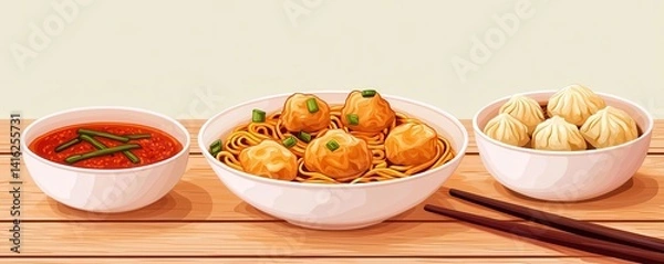 Fototapeta Chinese cuisine concept with dim sum and street food. Delicious dumplings and noodles served with soup on a wooden table.