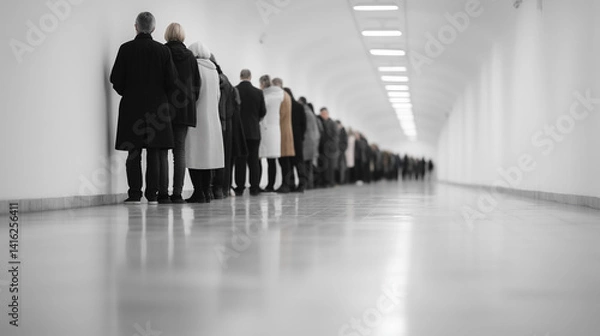 Obraz Long Queue in Modern Corridor: A long line of people patiently waiting in a modern, bright corridor. The image evokes a sense of anticipation and quiet contemplation.