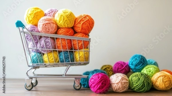 Fototapeta Shopping cart filled with colorful yarn balls for knitting crochet projects craft supplies in a miniature cart with vibrant wool threads against a bright background 