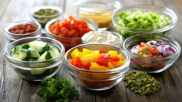Fototapeta Rustic wooden table adorned with small glass bowls filled with colorful chopped vegetables and assorted sauces ready for a fresh, vibrant meal preparation
