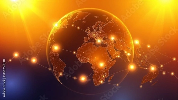 Fototapeta A world globe illuminated in orange and gold, featuring interconnected points resembling a global network or connection.