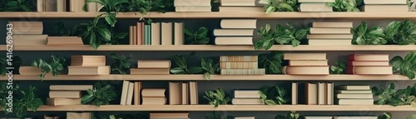 Fototapeta A cozy bookshelf filled with plants and various books, enhancing home decor.