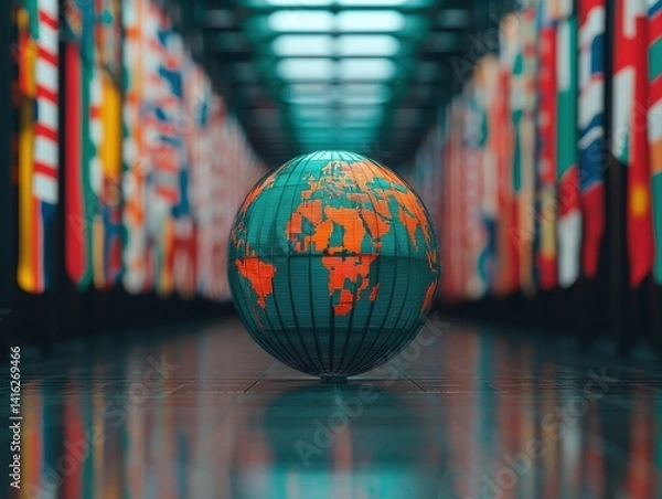 Fototapeta A globe surrounded by various national flags, symbolizing unity and diversity.