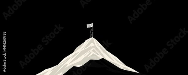 Fototapeta A minimalist illustration of a mountain peak with a flag on top against a dark background.