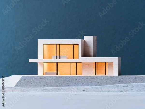 Fototapeta A modern architectural model showcasing sleek lines and warm lighting features.