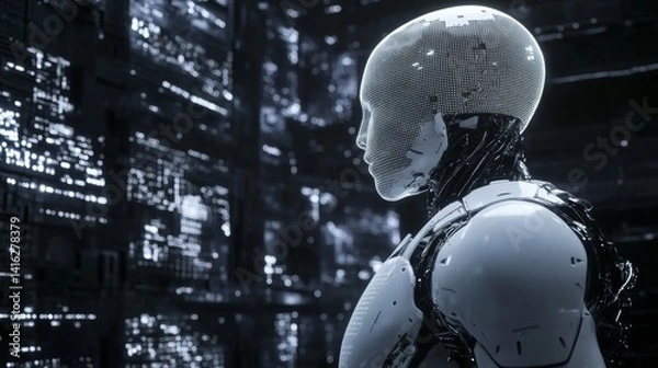 Fototapeta Ai robot connection: exploring futuristic technology and digital innovation with cybernetic humanoid on abstract background 