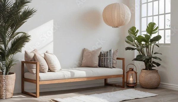 Fototapeta japandi style reading nook with wooden bench, soft cushions, paper lantern, large indoor plant, white walls, clean minimalist harmony, natural lighting, peaceful corner space