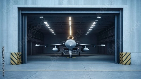 Fototapeta Military jet inside open hangar doors: aerospace defense fighter aircraft