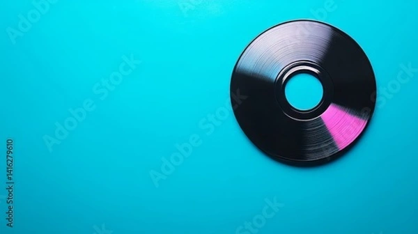 Fototapeta Sleek black compact disc on a bright cyan background: modern digital media concept perfect for music data storage or technology related projects