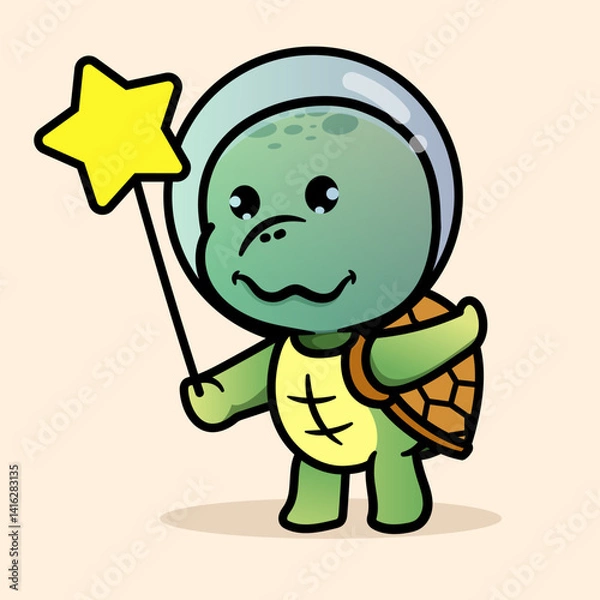 Fototapeta Cute Turtle Astrounaut with Balloon Star Cartoon Illustration. Animal Nature Icon Concept Isolated Flat Cartoon Style for coloring page or education kids