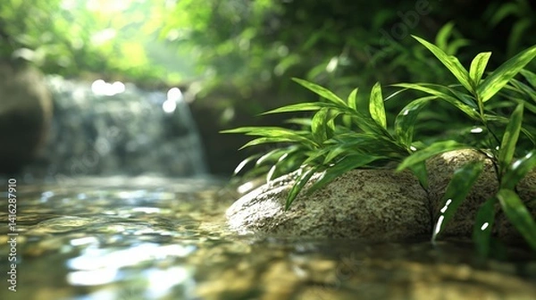 Obraz Close-up of a tranquil stream gently flowing over smooth rocks surrounded by lush green foliage illuminated by warm sunlight creating a peaceful scene