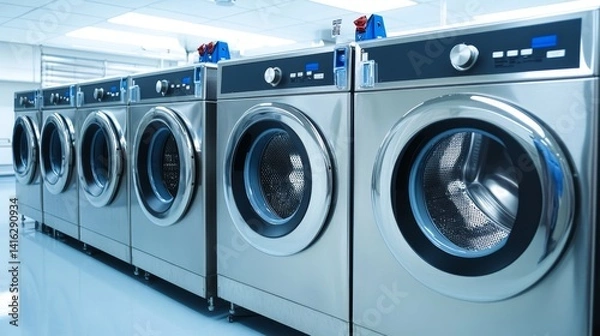 Fototapeta Modern commercial laundry facility: row of stainless steel washing machines in a clean bright environment for laundry services showcasing efficient industrial design